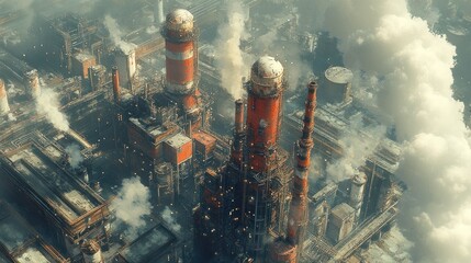 Poster - Aerial view of a futuristic industrial complex with smoke billowing from chimneys.