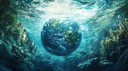 Wall Mural - planet earth is floating over the ocean,planet earth submerged and floating in sea,global warming an