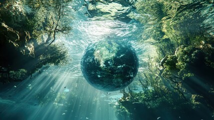 Wall Mural - planet earth is floating over the ocean,planet earth submerged and floating in sea,global warming an