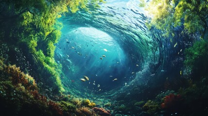 Wall Mural - planet earth is floating over the ocean,planet earth submerged and floating in sea,global warming an