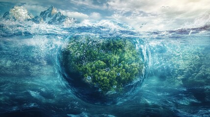 Wall Mural - planet earth is floating over the ocean,planet earth submerged and floating in sea,global warming an