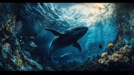 Wall Mural - modern building office or city town is submerged the ocean sea and fish,global warming and rising se