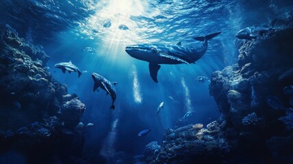 Wall Mural - modern building office or city town is submerged the ocean sea and fish,global warming and rising se