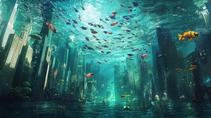 Wall Mural - modern building office or city town is submerged the ocean sea and fish,global warming and rising se