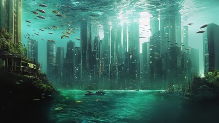 Wall Mural - modern building office or city town is submerged the ocean sea and fish,global warming and rising se