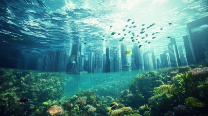 Wall Mural - modern building office or city town is submerged the ocean sea and fish,global warming and rising se