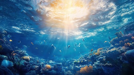 Wall Mural - modern building office or city town is submerged the ocean sea and fish,global warming and rising se