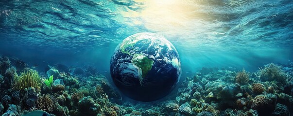 Wall Mural - planet earth is floating over the ocean,planet earth submerged and floating in sea,global warming an