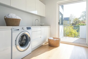 Poster - This modern laundry room showcases built-in machines, sleek white cabinets, and a laundry basket, filled with clothes, in abundant natural light. Generative AI