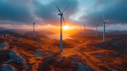 Wall Mural - Wind turbines on a hilltop with a sunset in the background.