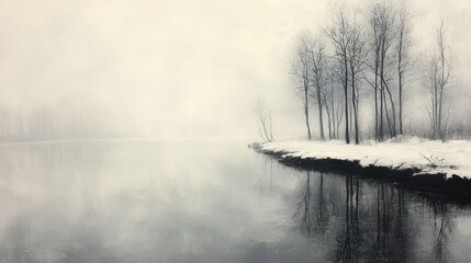 Poster - A serene, misty winter scene with a river winding through a snow-covered landscape, with bare trees lining the riverbank.