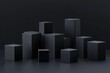 © VIK - With an abstract black cube podium pedestal studio stage and a modern 3D backdrop scene with a blank geometric presentation backdrop platform and advertising shelf, the image presents an abstract