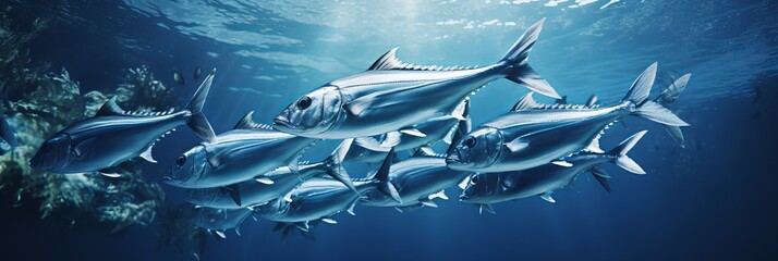 Wall Mural - School of fish swimming gracefully in crystal-clear ocean waters during daytime