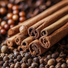 Canvas Print - Close-up of cinnamon sticks and peppercorns.