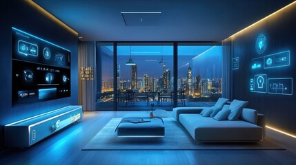 Poster - Living room integrated with smart home technology, showcasing digital icons for various smart functionalities and home automation.