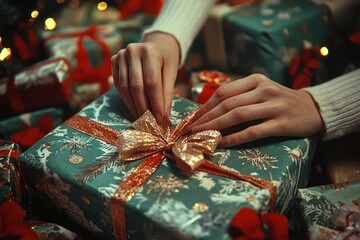 Wall Mural - Close-up of hands tying a golden bow on a green gift box with red ribbon among other presents.