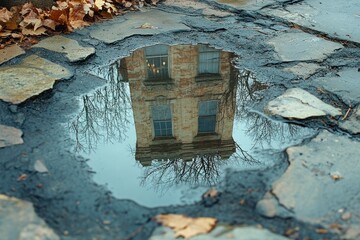 Sticker - A reflection of a brick building with windows and a light in a puddle on a cobblestone street.