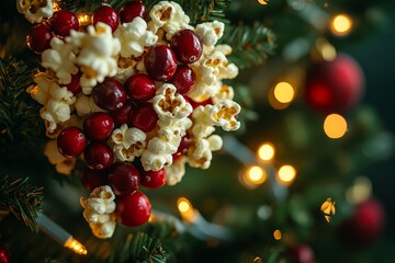 Wall Mural - Close-up of popcorn and cranberries strung on a Christmas tree with warm lights in the background.