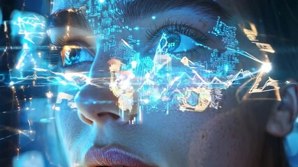 Poster - Illuminated by vibrant digital displays, a young woman gazes thoughtfully, her features enhanced by glowing projections in a modern cityscape.