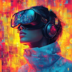 Sticker - A woman wearing VR headset experiencing a virtual reality experience with a colorful background.