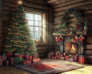 Poster - Cozy cabin decorated for Christmas with a lit fireplace, a decorated tree, and presents under it.