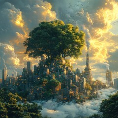 Canvas Print - A large tree grows out of a city in the clouds with skyscrapers and lights.