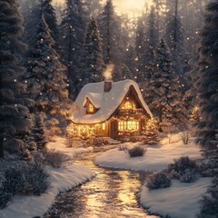 Sticker - Cozy cabin with snow-covered roof and glowing windows in a snowy forest at sunset.