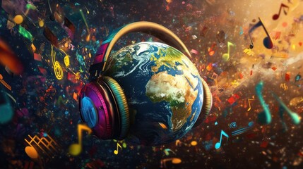 the earth, adorned with colorful headphones, is surrounded by music notes and symbols, depicting the