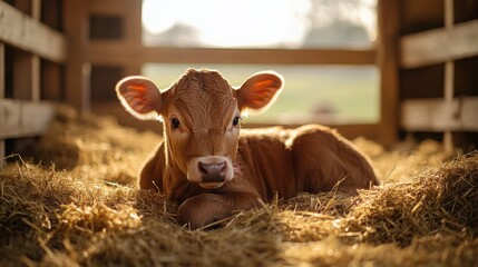  young calf resting in a hay-filled stall, with soft light filtering through the barn.