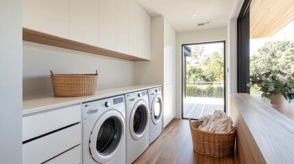 Sticker - This laundry room features built-in washing and drying machines, sleek cabinets, and baskets for convenient laundry organization. Generative AI