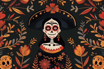 Wall Mural - Beautiful greeting card with bright holiday composition for happy to joy celebrate dia de muertos