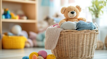 Aufkleber - In a sunlit room, a laundry basket overflows with vibrant children's clothing and plush toys, creating a warm, inviting space. Generative AI
