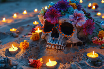 Beautiful greeting card with bright holiday composition for happy to joy celebrate dia de muertos