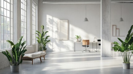 Poster - a scrum team workspace in an office, white walls, concrete surfaces, modern furniture