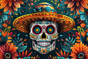 Wall Mural - Beautiful greeting card with bright holiday composition for happy to joy celebrate dia de muertos