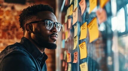 Poster - an african-american black employee looks at sticky notes pinned to a glass wall, as well as a framew
