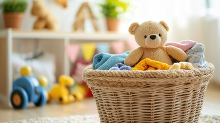 Aufkleber - A laundry basket brimming with vibrant children's clothing and plush toys brightens a cheerful, well-lit space. Generative AI
