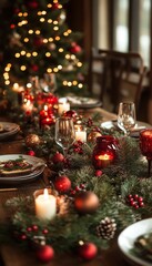 Canvas Print - Festive Christmas table setting with candles, garland, and ornaments.