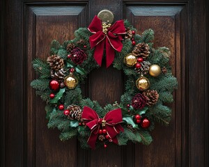 Poster - Festive Christmas wreath with red bows and ornaments hanging on a wooden door.