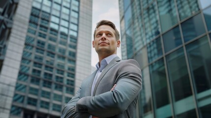 Poster - A man in a suit stands in front of a tall building, looking up at the sky