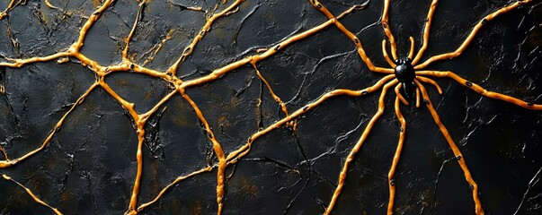 A close-up view of a spider on a textured dark surface, showcasing its intricate web pattern and natural features.