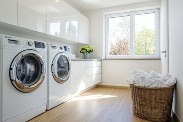 Aufkleber - This contemporary laundry room showcases built-in washers and dryers, stylish cabinets, and a basket filled with freshly laundered clothes. Generative AI