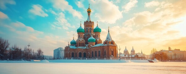 The iconic St. Sophia Cathedral in Harbin, covered in snow with its green domes contrasting against a winter sky