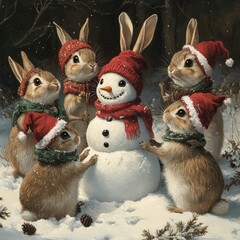 Sticker - Five adorable bunnies in Santa hats build a snowman in a snowy forest.