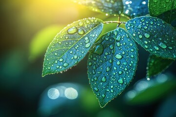 Wall Mural - Close-up of dew drops on green leaves with a blurred background.