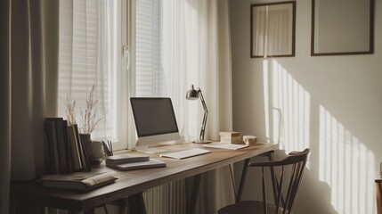 Poster - Minimal home office with neutral colors, essential furniture, and small windows, offering a compact yet functional working environment.