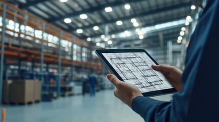 Poster - hands architect and tablet for blueprint in logistics warehouse for building design and expansion co