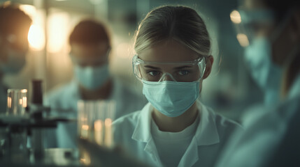 A woman wearing a mask and goggles is in a lab with other people