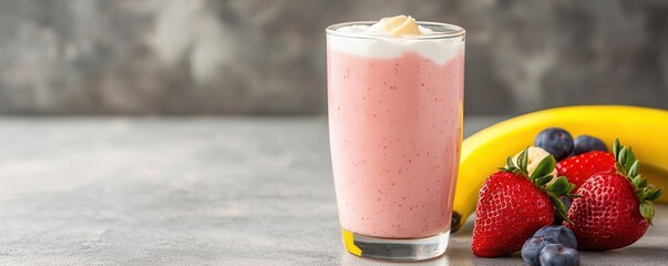 Closeup of a probioticrich strawberry and banana drink, in a clear glass with yogurt swirls and fresh fruit on the side, 3D illustration