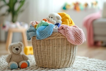 Aufkleber - Brightly colored children's clothes and soft toys fill a laundry basket, creating a cheerful atmosphere in a sunny room. Generative AI